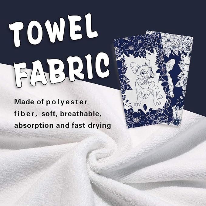 Chinoiserie French Bulldog Flower Kitchen Dish Towels Set of 2, Retro Blue White Grandmillennial Dog Floral Drying Hand Towel Baking Cooking Cloth, Vintage Pet Bathroom Home Decoration 18''x26''