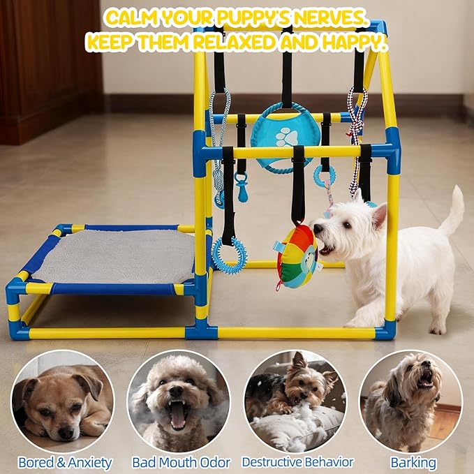 Puppy Play Gym with Hanging Toys, Dog Indoor Jungle Gym as Activities Center for Puppies, PVC Frame with 8 Enrichment Toys for Small Dogs Kitten and Other Pets