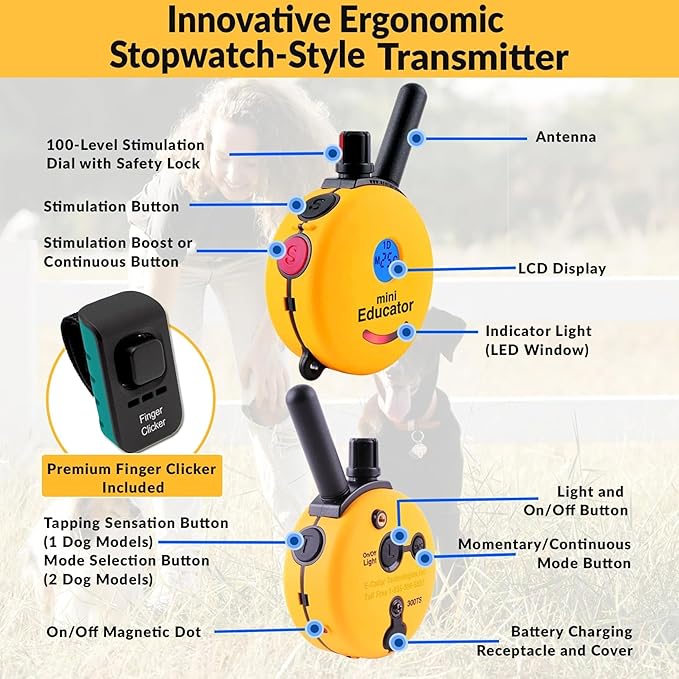 E-Collar ET-300 Mini Educator Remote Dog Training Collar – 1/2 Mile Waterproof, Premium Finger Clicker Trainer, 100 Stimulation Levels + Vibration + Light + Sound – 1 Dog Small to Medium, Yellow
