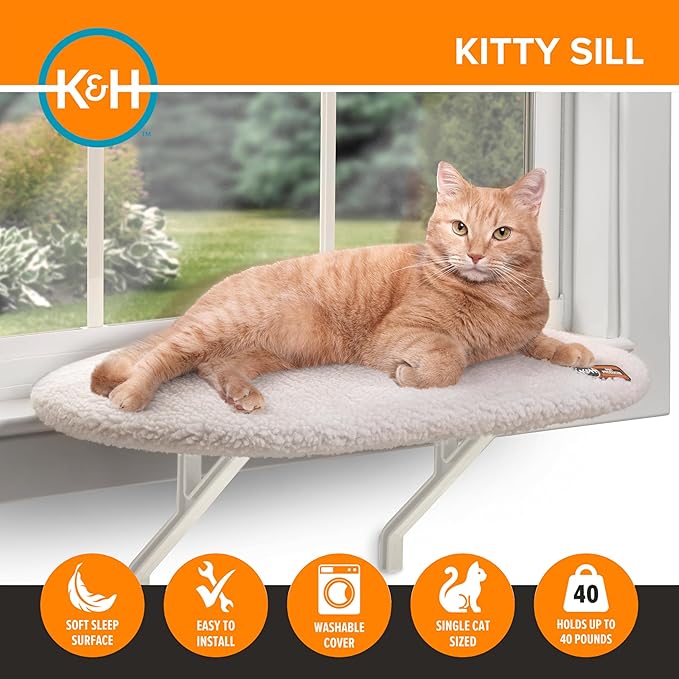 K&H Cat Window Perch for Large Cats - Heavy Duty Kitty Sill Bed Holds 40 lbs, Orthopedic Cushion, Washable Cover, Soft Fleece Window Hammock, 24x14 Inch, Cream