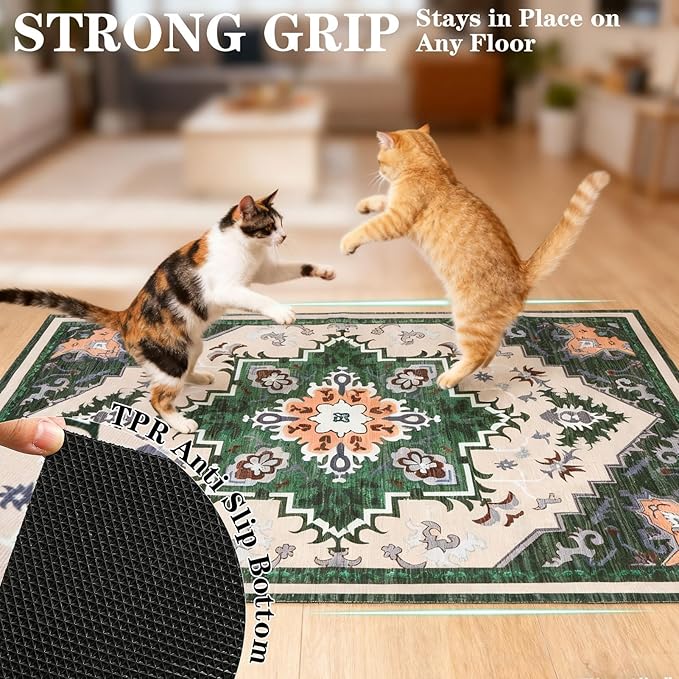 EXPAWLORER Cat Litter Mat, 20”x32” Small Non-Slip Urine Waterproof Litter Trapping Mat Easy to Clean Washable Litter Box Mat for Floor Soft on Kitty Paws, Indoor Food Mats Rug Pads for Bathroom Green