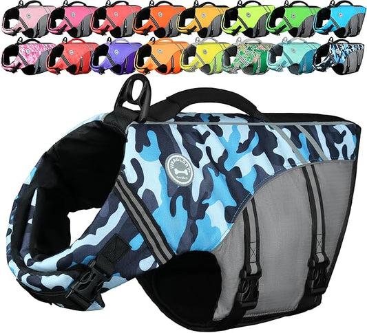 VIVAGLORY Sports Style Dog Life Vest, Dog Life Jacket for Swimming & Boating, Ripstop & Buoyancy for Puppy Doggy, Lifejacket with Handle, S, Camo Blue