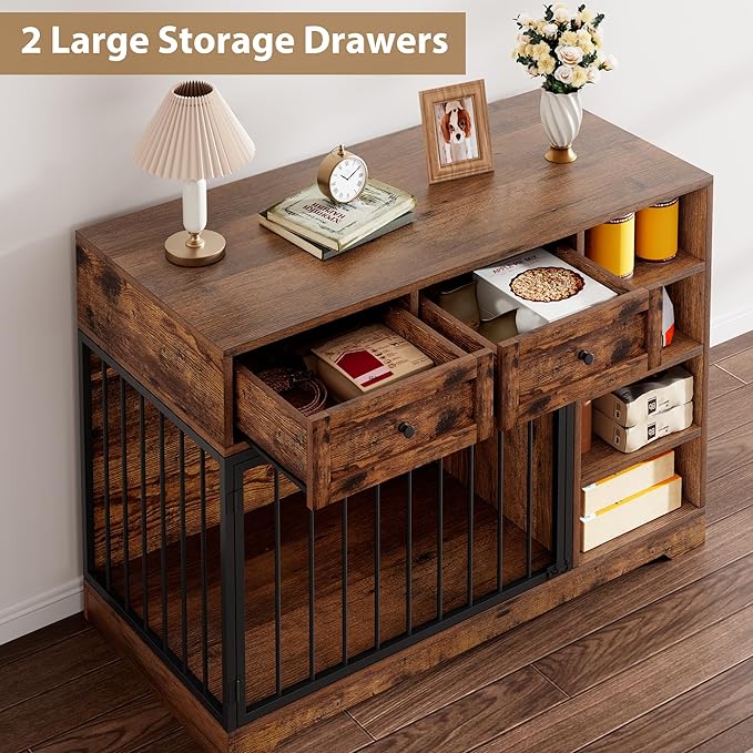 IDEALHOUSE 47” Large Dog Crate, Dog Kennel Indoor with 2 Drawers and 4 Shelves, Dog Crate Furniture TV Stand, Wooden Dog Cage for Medium Large Dogs, Brown