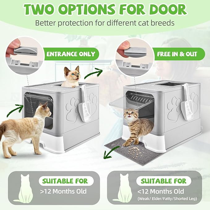 Covered Cat Litter Box with Litter Mat, Foldable Extra Large Dual Entry Adjustable Door, Drawer Design Enclosed Kitty Litter Box, Odor Control Anti-Splashing Easy Cleaning (Light Grey)