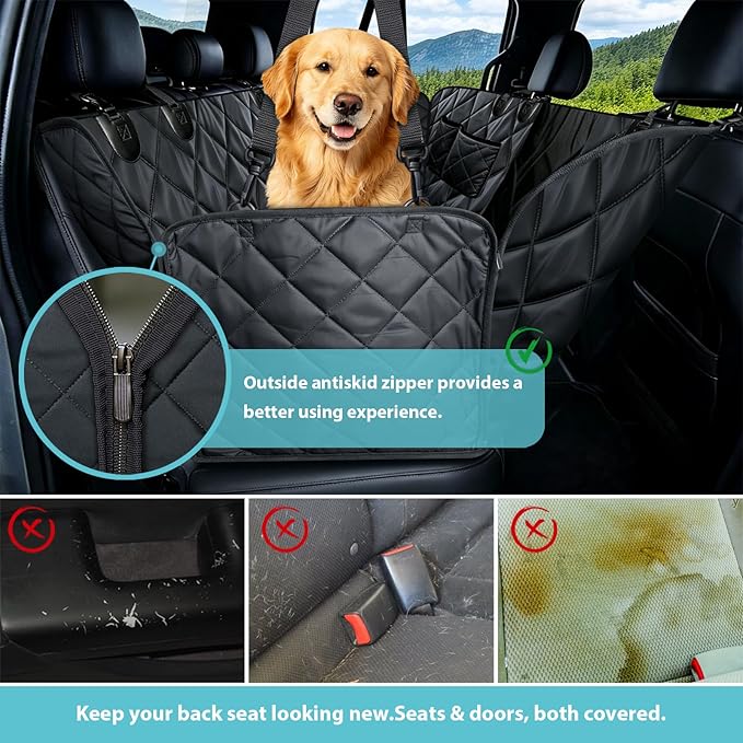 Truck Dog Seat Cover for Pickup Back Seat | Mesh Window & Seat Belt | 100% Waterproof Dog Hammock for Car Safe Travel with Side Door Protectors | Non-Slip, Scratchproof Pet Rear Seat Cover