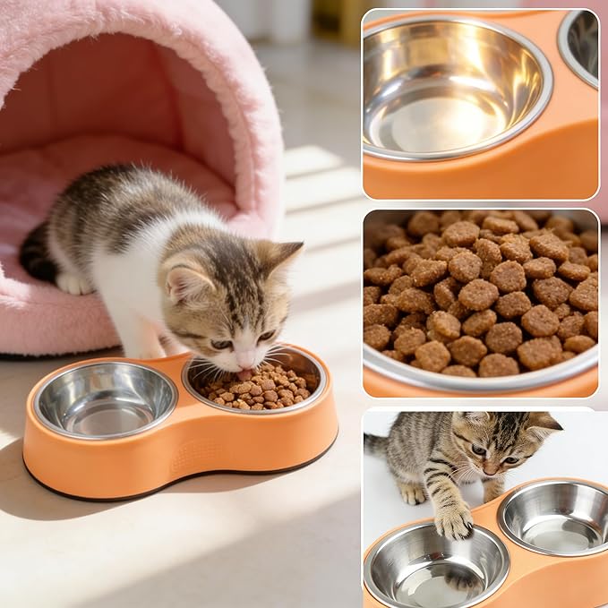 Small Orange Double Pet Bowl – Non-Slip Stainless Steel Food & Water Set for Cats, Kittens & Small Dogs, BPA-Free Mess-Free Feeding Dishes