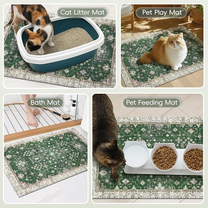 Cat Litter Mat Litter Trapping Mat, 40"x30" Waterproof Urine Proof Litter Box Mat Catcher Mat Non-Slip Washable for Kitty Kitten, Green