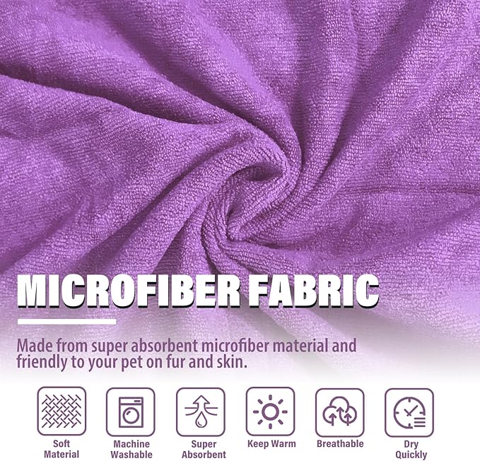 Dog Robe - Fast Drying Towel - Microfiber Super Absorbent Pet Bathrobe, Adjustable Collar & Belly Strap (Purple, Large)