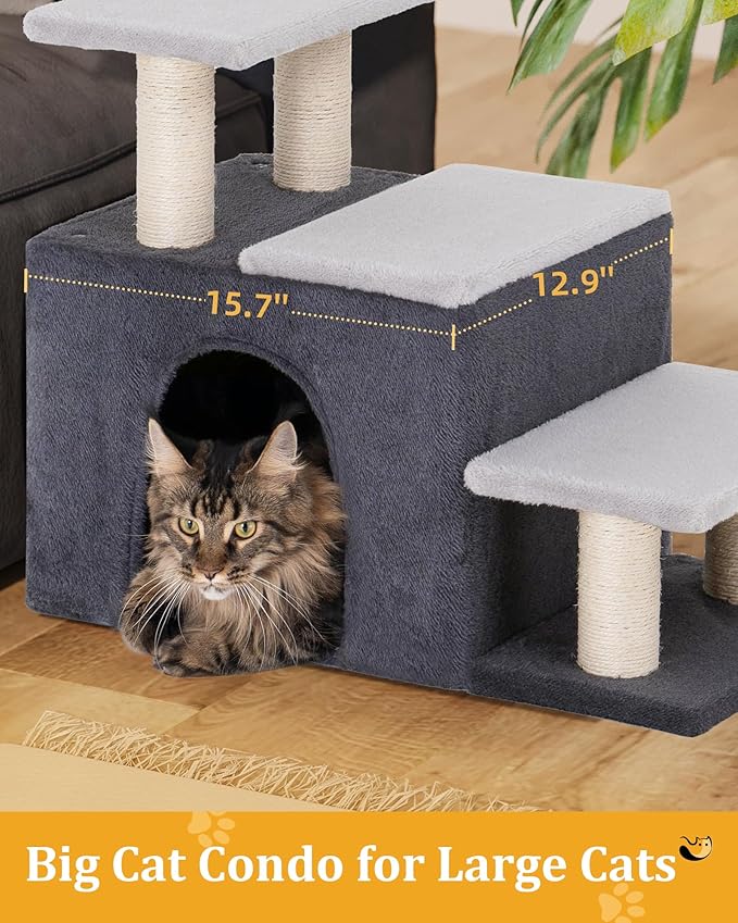 Aechonow 3-in-1 Pet Stairs for Cats, Dog Steps for Doggie Rabbits,7.8'' Depth Cat Stairs,Indoor Cat Steps for High Bed for Pet's Joints, Soft Plush, 1 Big Cat Condo Cave, Sisal Scratcher, Grey, Large