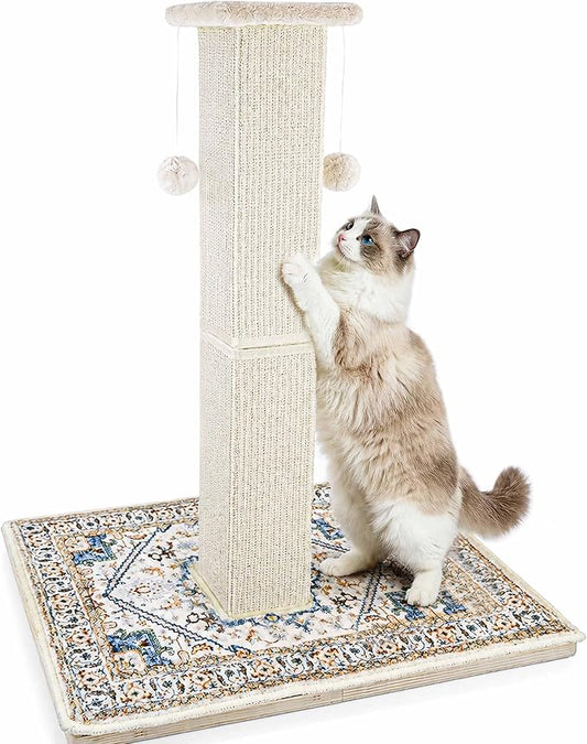 Tall Cat Scratching Post for Indoor Cats Adults, 33'' Large Cat Scratch Post with Perch, Cute Cat Scratching Post with Boho Carpet ＆ Dangling Ball Toys, White