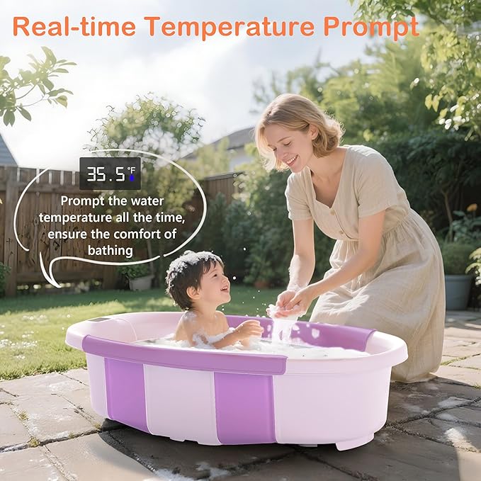 Collapsible Baby Bathtub - Large Baby Bath Tub with Thermometer & Cushion | Travel Portable Newborn Infant Bathtub | Foldable Toddler Bathtub for Baby 0 to 36 Months (Purple)