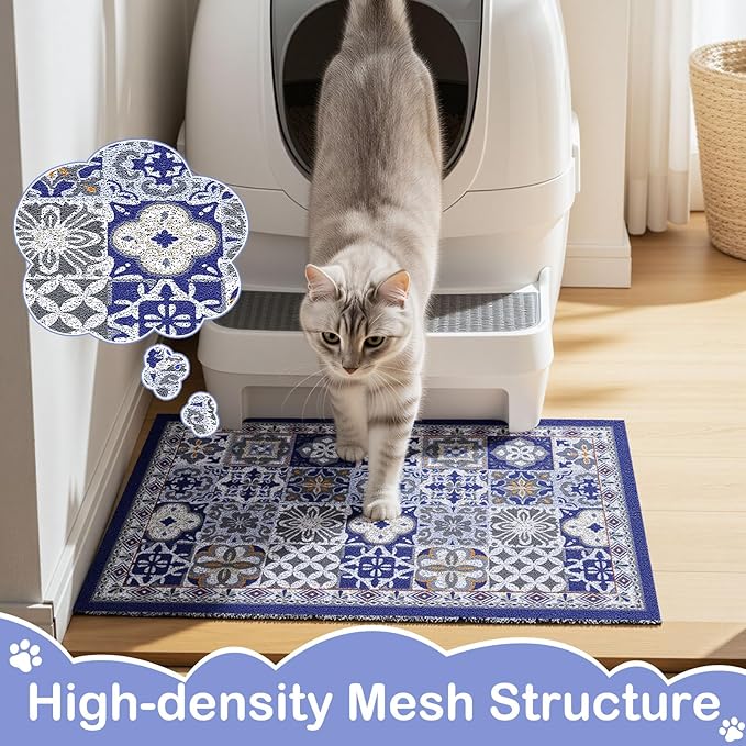 Cat Litter Mat Trapping Rug 24"x15",Litter Box Mat for Floor, Non-Slip Waterproof Backing, Soft Mesh Easy to Clean Pet Mat for Cat, Blue