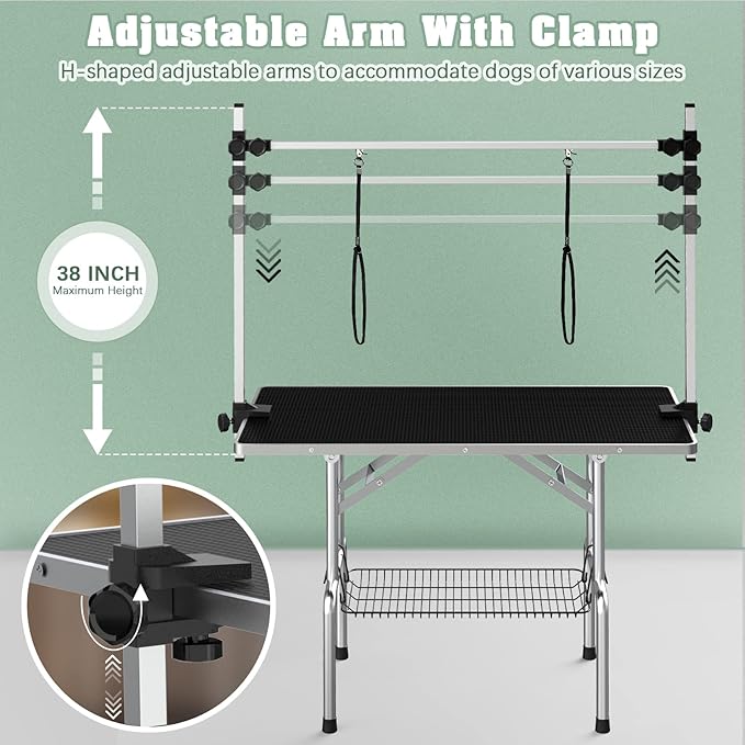 Dog Grooming Table, Adjustable Large Pet Drying Desktop, Foldable Bathing Desk with Arms, Noose, Mesh Tray, Maximum Capacity Up to 330Lb, 46in, Dark Black