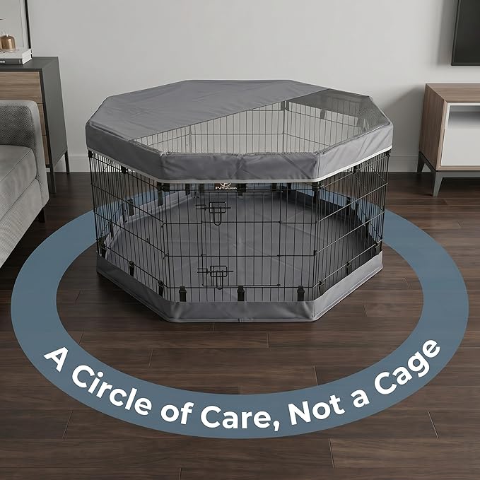PJYuCien Octagonal Dog Playpen with Top Cover and Bottom Pad - Metal Foldable Exercise Pen, 8 Panels 30" H x 24" W Indoor Outdoor Pet Fence Puppy Crate Kennel, Gray