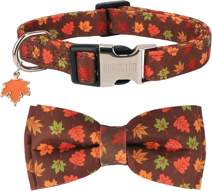 ADOGGYGO Fall Dog Collar with Bowtie, Adjustable, Brown, Maple Leaves Pattern, Halloween Thanksgiving Fall Bow Collars for Small Medium Large Dogs (Large)
