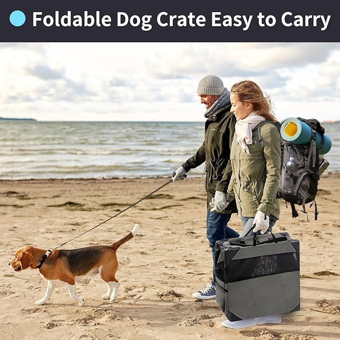 Zikopomi 30 Inch Portable Travel Dog Crate, 3 Door Collapsible Soft Pet Kennel with Durable Mesh Windows for Small and Medium Dogs, Foldable Dog Cage with Storage Pocket for Outdoor (Dark Grey)