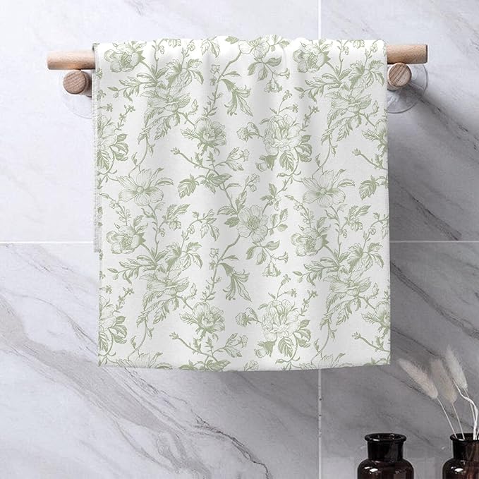 Sage Green Floral Kitchen Towels Vintage Light Sage Green Floral Dish Towel 16×24 Inch Soft Absorbent Flowers Hand Cloths for Kitchen Drying Decore Set of 2