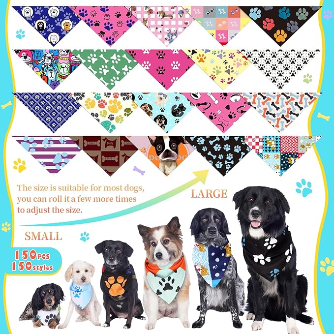 Huhumy 150 Pcs Paw Dog Bandanas Bulk Pet Bibs Colorful Triangle Scarf Pet Paw Bandanas for Medium Large Dogs Spring Summer Birthday Costume Decoration