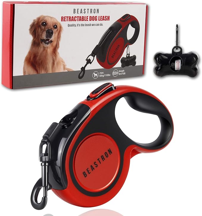 Upgraded Retractable Dog Leash, 16" Extra Long Tangle-Free Reflective Nylon, Small to Medium Dogs up to 110lbs, Waste Bags and Dispenser Included (Red)