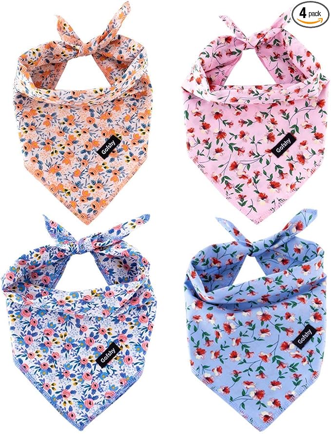 Spring Dog Bandanas Small-4PCS Puppy Bandana Orange Pink Blue Floral Printing Dog Bib Handkerchief Scarf Breed Accessories for Small XSmall Dogs Cats Gift
