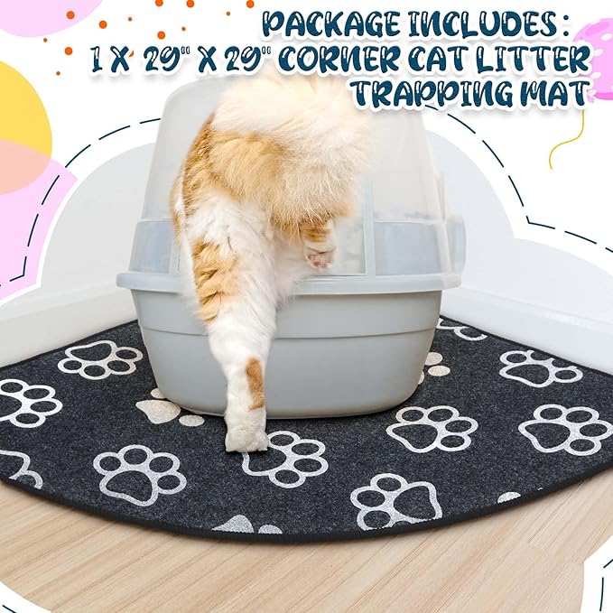 Drydiet Corner Cat Litter Trapping Mat Water Resistant Cute Paw Pattern Corner Litter Mat, 29" x 29" Gray Traps Mess from Box Protects Floors Machine Washable Urine Proof Soft on Kitty Paws Absorbent