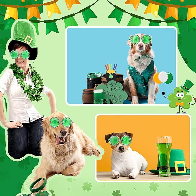 St. Patrick's Day Dog Sunglasses with Adjustable Strap, Green Shamrock Pet Glasses Accessory for Medium Large Dogs Cats, Irish Festival Parade Costume & Photo Prop(4 Leaf Clover)