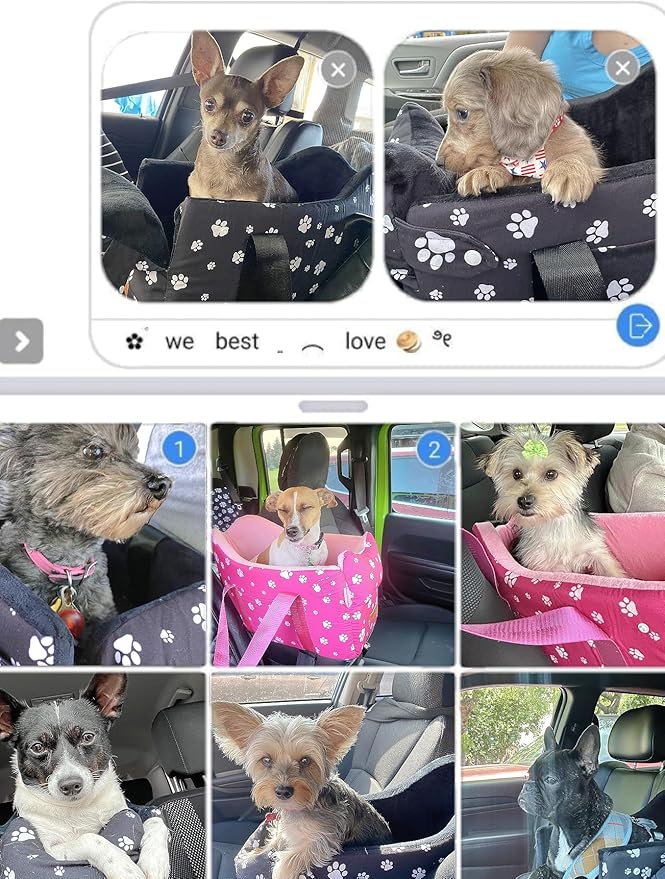 Center Console Dog Car Seat for Small Dogs Under 15 lbs - Detachable Washable Carrier with Safety Belt & Storage Pockets, Pink