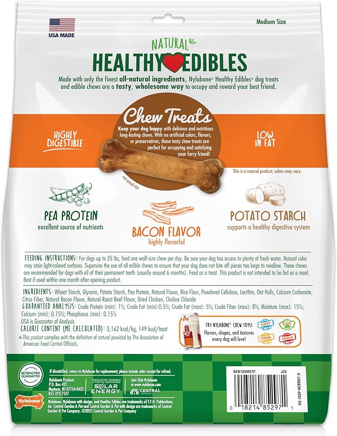 Nylabone Healthy Edibles Natural Dog Chews, Long Lasting Bones for Dogs, Bacon Flavor Dog Treats, Medium (7 Count)