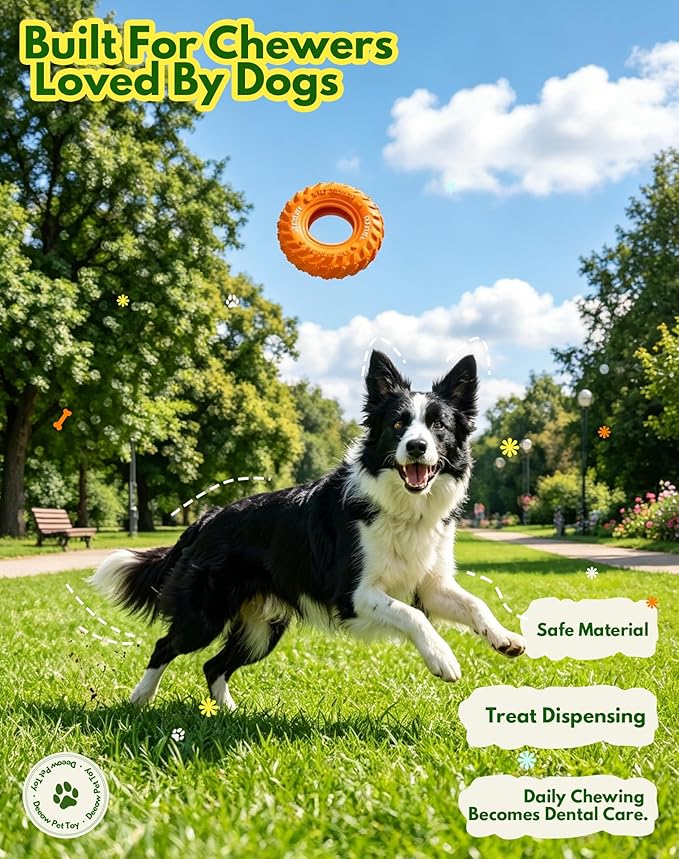 Deeow Orange Tire Dog Chew Toy, Natural Rubber Puppy Teething Ring for Dental Care, Soft Durable Pet Toy for Small Medium Dogs, Indoor Outdoor Fetch Toy for Teething, Anxiety Relief & Boredom Buster