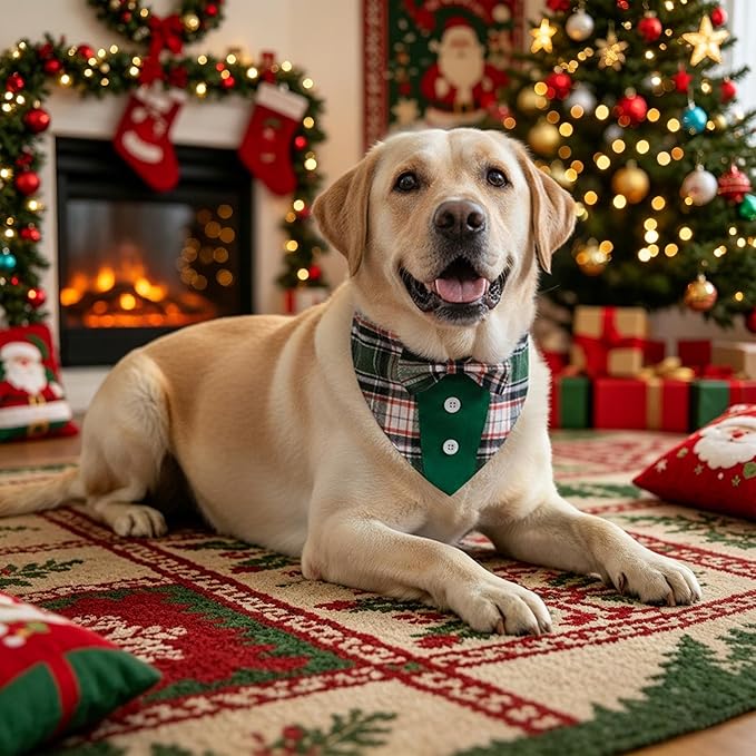 ADOGGYGO Christmas Green Dog Tuxedo Bandana, Plaid Pet Bowtie Collar, Adjustable Green Plaid Christmas Costume for Large Dogs (L)