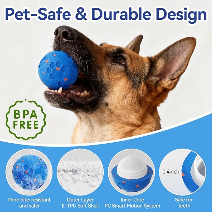 Smart Interactive Dog Toy Ball, Automatic Moving Rolling & Bouncing, Motion Activated E-TPU Dog Ball, Waterproof Chew Resistant for Medium & Large Dogs (Blue)