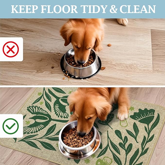 SHIYUE Dog Food Mats for Floors, Absorbent Cat Bowl for Food and Water, Non-Slip Accessories Pet Supplies(12"x20",Green Flower Bird)