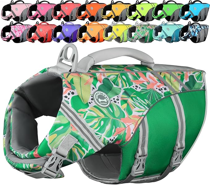 VIVAGLORY Sports Style Dog Life Vest, Dog Life Jacket for Swimming & Boating, Ripstop & Buoyancy for Puppy Doggy, Lifejacket with Handle, XL, Floral