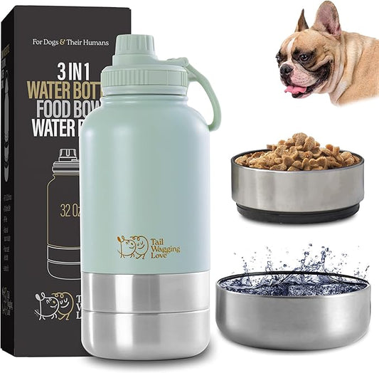 32oz 3-in-1 Portable Travel Water Bottle, Food & Hydration Bottle - Dual Use for Humans & Pets with Detachable Bowls, Stainless Steel, Keeps Water Hot for 6hrs & Cold for 12hrs