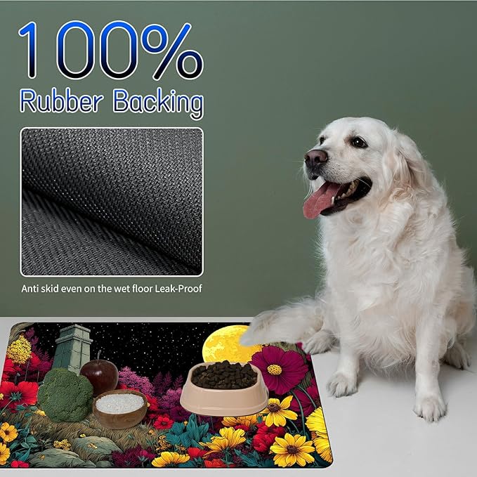 Dog Food Mat, 15.7" x 23.6" Absorbent Pet Feeding Mat for Food and Water, Waterproof Diatom Mud Pet Placemat with Non-Slip Rubber Backing, Easy Clean Cat Bowl Mat for Floors - Dark Flower Moon
