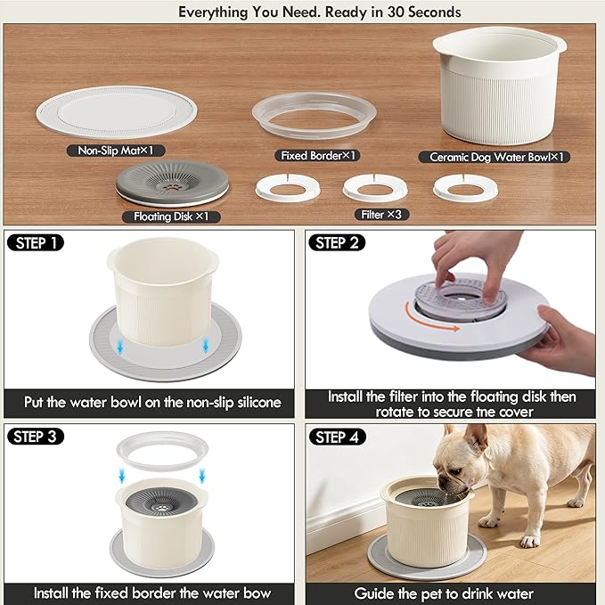 No Spill Ceramic Dog Water Bowl, Large Capacity Slow Drinking Bowl with Floating Disk & Filter, Heavy Duty Anti-Slip Bowl for Small to Medium Dogs, Cats & Multi-Pet Homes Indoor
