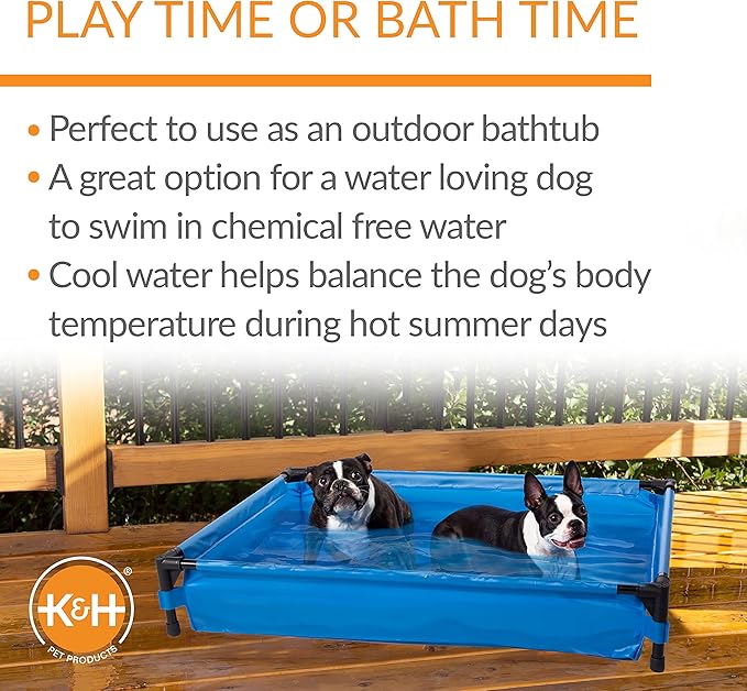 K&H Pet Products Portable Dog Pool & Pet Bath for Dogs and Puppies, Swimming Pool for Large Pets, Heavy Duty Liner with Metal Frame, Easy Drain Plug, Foldable - Large 42 X 30 X 7in Chill Blue