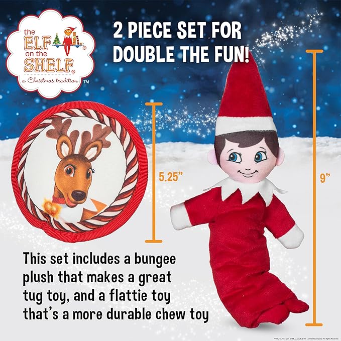 The Elf on the Shelf 2pc Dog Toy Set with Elastic Scout Elf + Elf Pets Reindeer Plush Flattie Disk, Squeaky Dog Toys | Bungee Dog Toys for Tug | Stocking Stuffers for Dogs