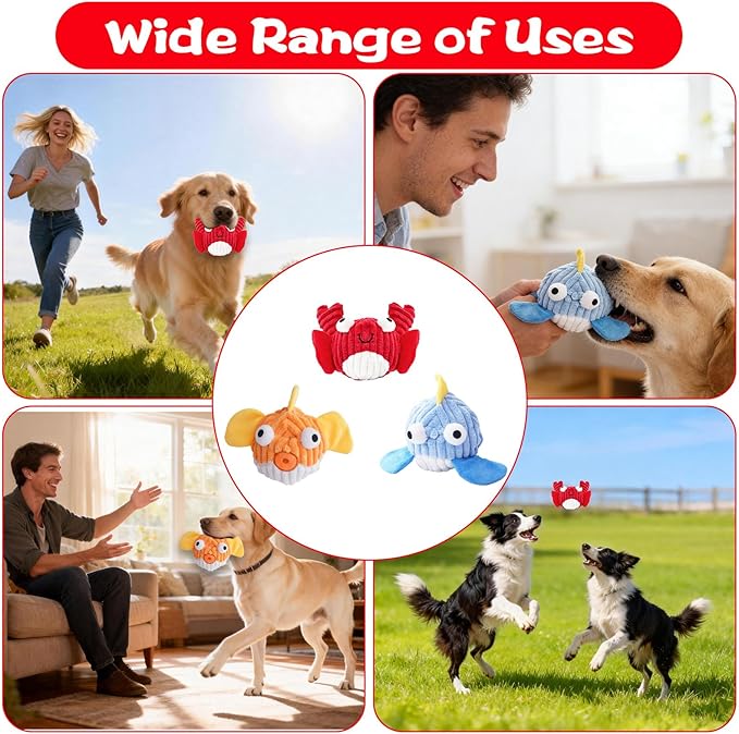 Squeak Dog Toys for Aggressive Chewers, No Stuffing Squeak Dog Chew Toys for Aggressive Chewers, Interactive Dog Toy Ball with Crinkle Paper for Medium Dogs, Large & Small Breeds (A-Red Crab)