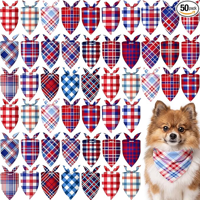 Abbylike 50 Pcs Patriotic Plaid Dog Bandanas Bulk 4th of July Bandanas for Dogs Triangle Kerchief Bib Scarf Set for Pet Independence Day 250th Anniversary Party Costume, 25 Styles(19.7 x 13.8 x 13.8)