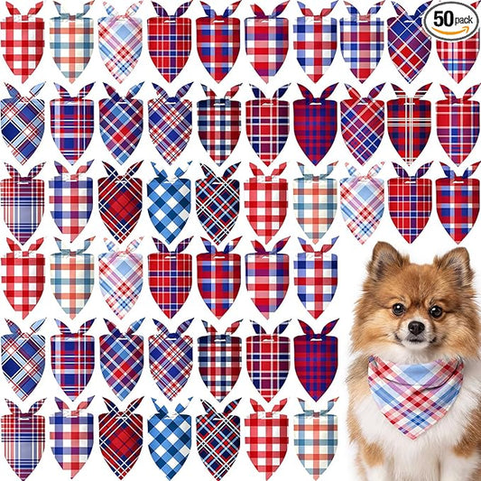 Abbylike 50 Pcs Patriotic Plaid Dog Bandanas Bulk 4th of July Bandanas for Dogs Triangle Kerchief Bib Scarf Set for Pet Independence Day 250th Anniversary Party Costume, 25 Styles(19.7 x 13.8 x 13.8)