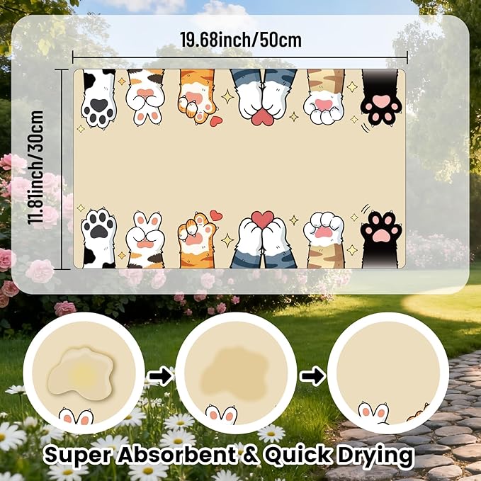 Cute Cat Food Mat 20 x 12 Inch Non Slip Design, Cat Feeding Mat Paw Print Absorbent Quick Dry Washable Rectangle Fedding Bowl Placemat Rug Protect Floors for Dogs Pets Water Area Home Use