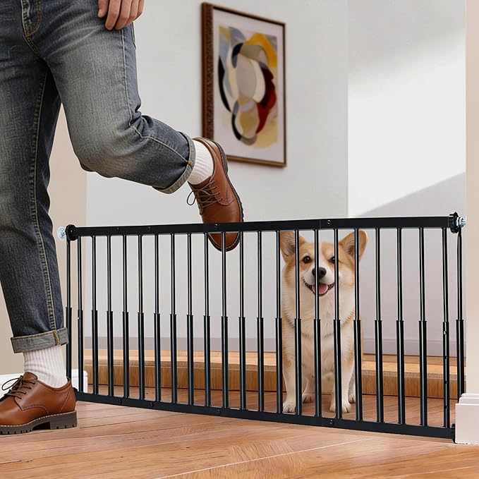 10''-15.8'' Height Adjustable Dog Gate, Extra Wide 18.1"-53" All Metal Short Dog Gate to Step Over, Pressure Mount Small Pet Puppy Gate for Stairs & Doorways(Black)