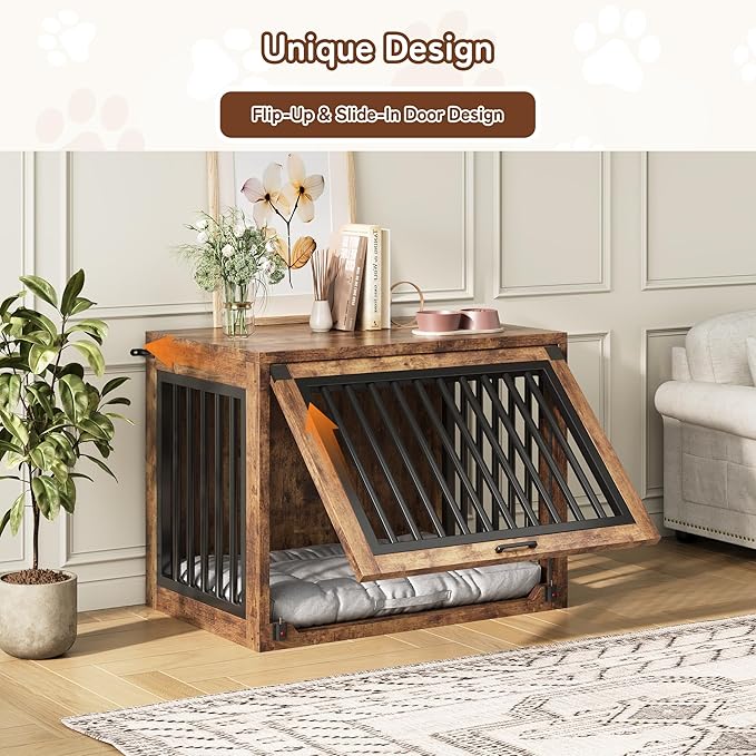 Jocoevol Dog Crate Furniture - 35'' Wooden Dog Kennel for Dogs up to 50 lb, Medium Dog Crate with Hidden Sliding Door, Heavy Duty Dog Cage with Safety Latch and Quiet Pads, Rustic Brown