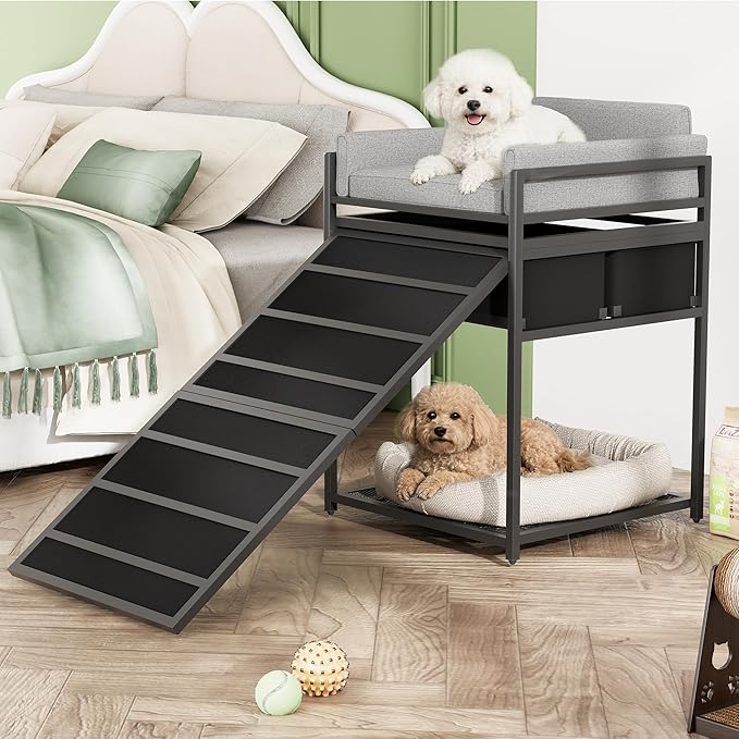 kepptory Dog Window Perch with Stairs and Storage, Bunk Dog Bed with Folding Pet Ramp for Dogs Cats, Pet Sofa Chair with Pet Stairs Ramp for Office
