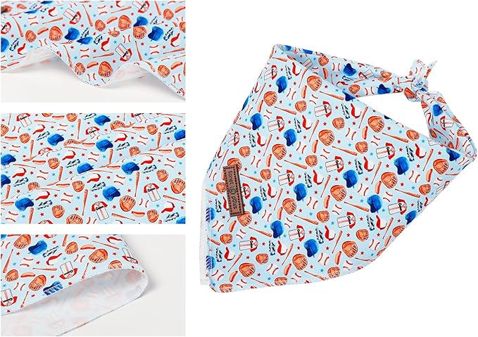 Lionet Paws Summer Blue Baseball Dog Bandana Washable Cotton Handkerchief Scarf Triangle Blue Bandana for Medium Large Dogs Girl Boy