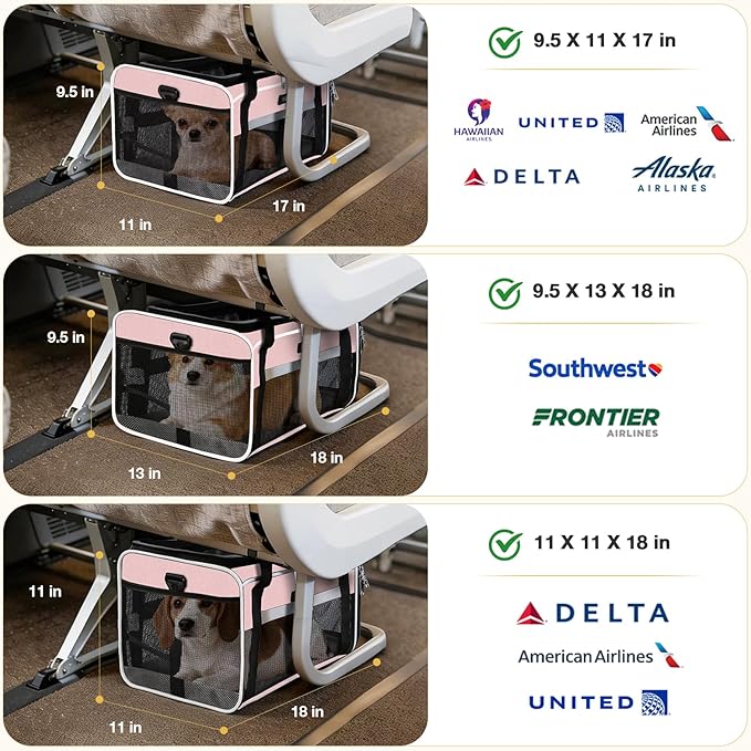 Lekereise Top-Expandable Pet Carrier 17x11x9.5 Inch Alaska Hawaiian Airline Approved Soft Sided Underseat to 12lbs Travel Carriers for Small Dogs and Cats with Locking Safety Zippers Anti-Scratch Mesh