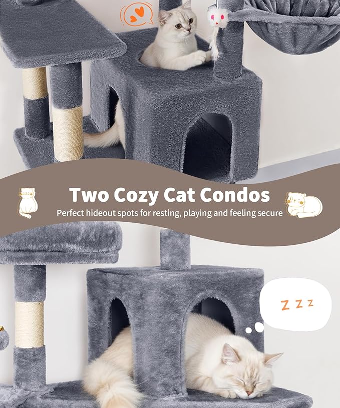 AMHANCIBLE 70 Inch Cat Tree for Large Cats, Multi-Level Cat Tower Condo with 2 Houses & Hammock for Indoor Cats, Tall Heavy Duty Kitty Playhouse, Grey, PT18GY