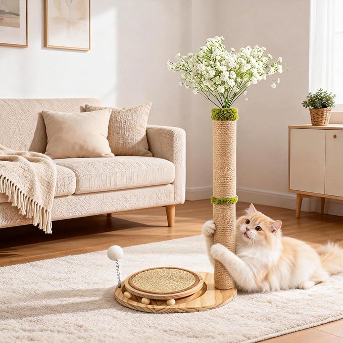 Cute Babys Breath Flower Cat Scratching Post, 39" Tall Cat Scratcher, Interactive Cat Toys with Ball Track & Spring Ball, Cat Scratch Post with Pad for Indoor Cats Adults and Kittens