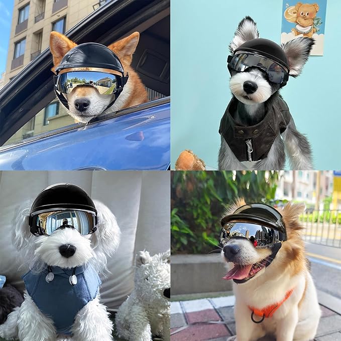 Small Dog Goggles with Helmet, 2PCS Dog Sunglasses and Pet Motorcycle Helmet with Ear Holes, Small Medium Breed Outdoor Driving Walking Biking Protection, Silver